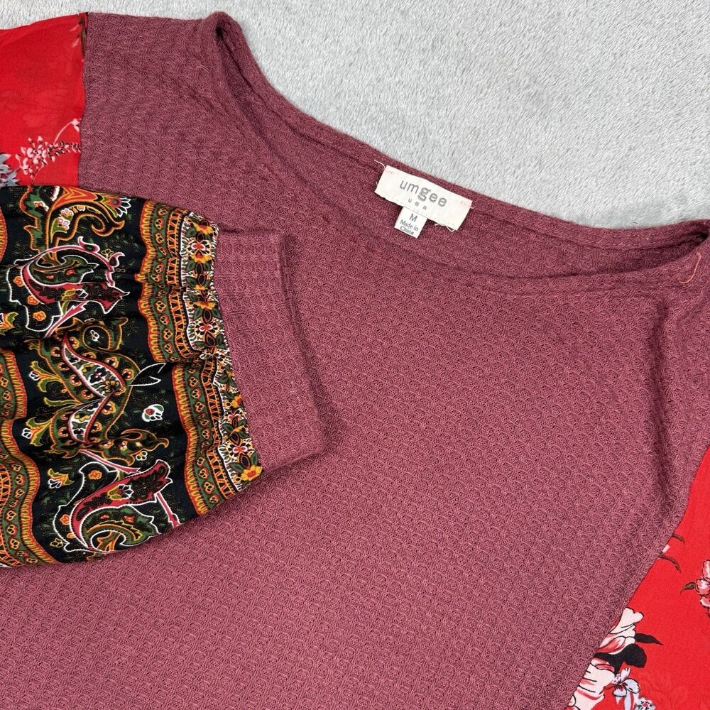 Umgee‎ Waffle Knit Shirt Women’s Medium Red Floral Bell Sleeve Boho Hippie